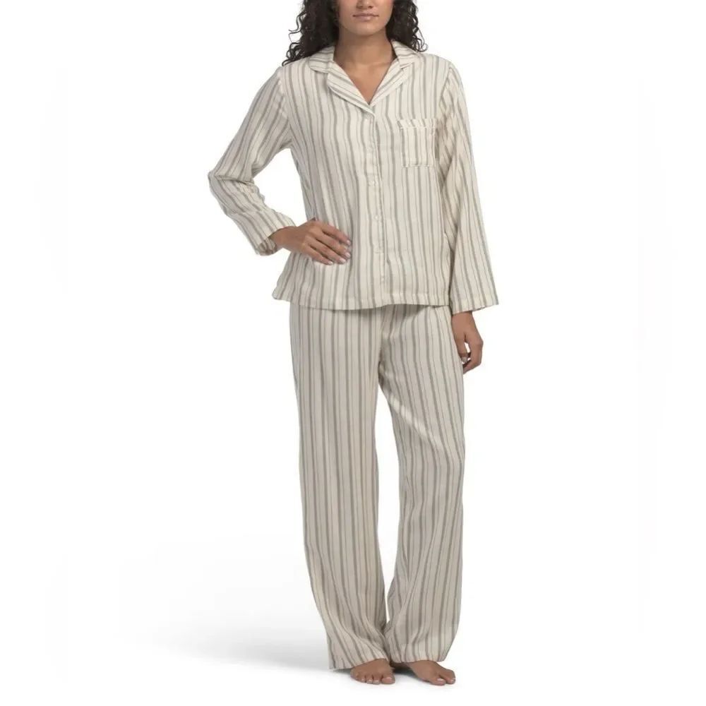 Telluride Grey Cream Boyfriend Stripe Cotton Flannel PJ Set